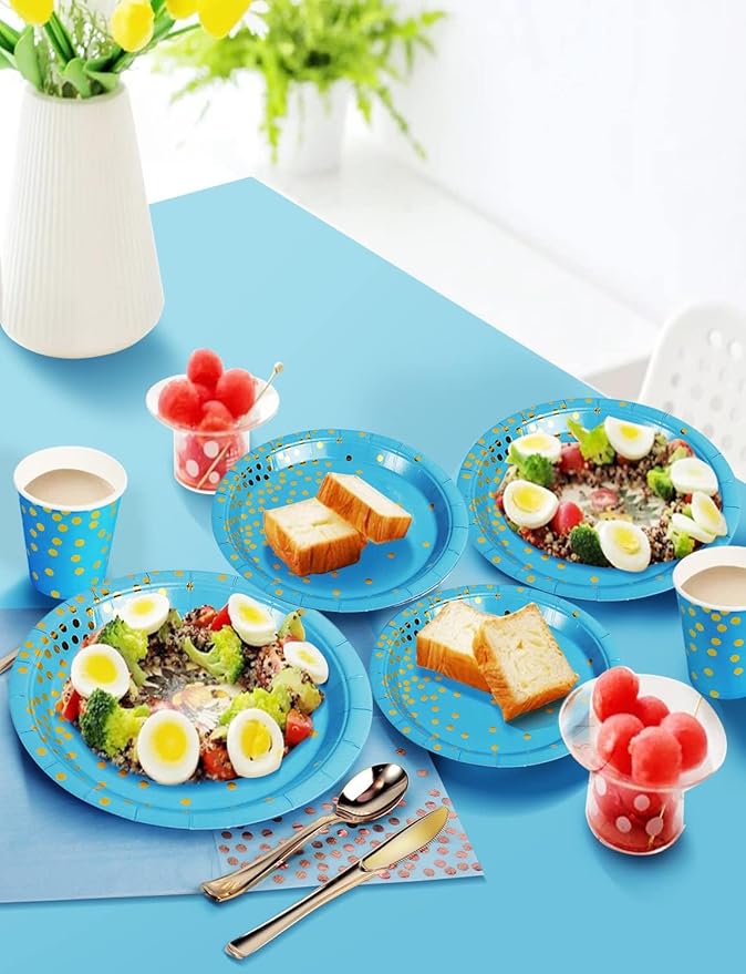 141 Pieces Sky Blue Gold Party Supplies, Party Dinnerware Sets Include Paper Plates Napkins Cups Silverware, for Wedding Bridal Shower Engagement Birthday Parties Decoration -20 Serves