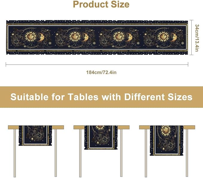 Sun Moon Table Runner, Seasonal Golden Sun Moon Holiday Kitchen Dining Table Runner for Kitchen Living Room Home Party Decor 13x36 Inch