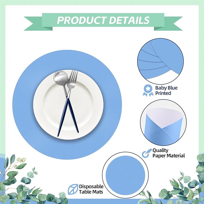 50 Pieces Baby Blue Paper Place Mats Round Disposable Table Mats Blue Paper Doilies Decorative Placemats for Wedding Banquet Party Home Dining Tableware Decor