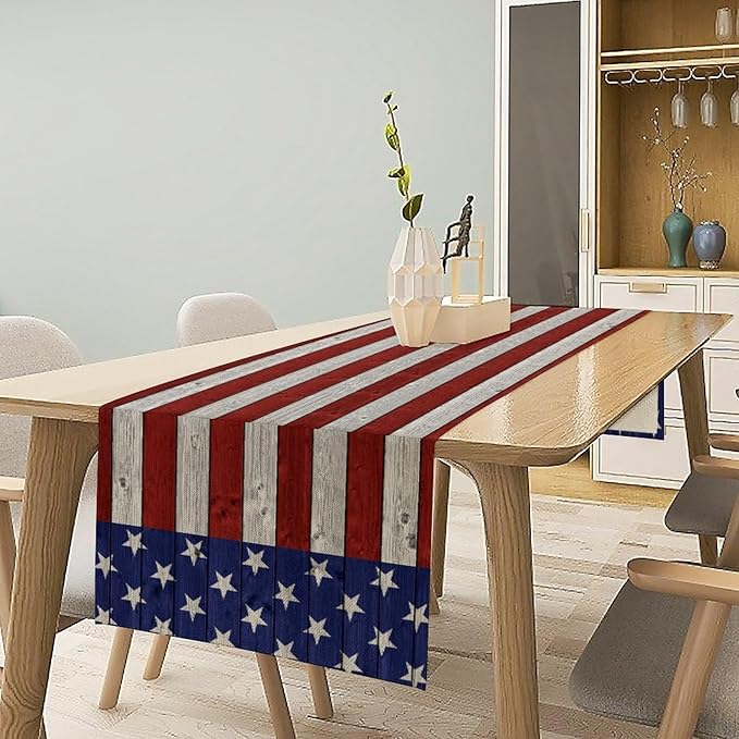 American Flag Table Runner, 4th of July USA Rustic Vintage Wooden Blue Red Stars Stripes Print Table Runner for Farmhouse Kitchen Dining Table Decor, 13x36inch