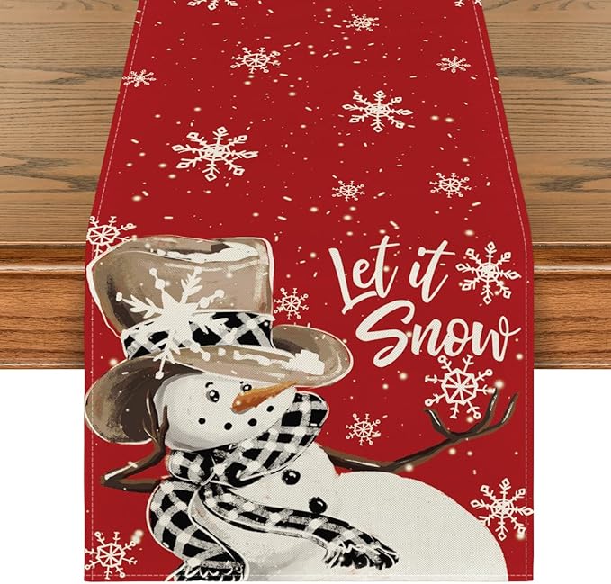Artoid Mode Red Snowman Snowflake Let it Snow Winter Table Runner, Seasonal Christmas Kitchen Dining Table Decoration for Home Party Decor 13x36 Inch