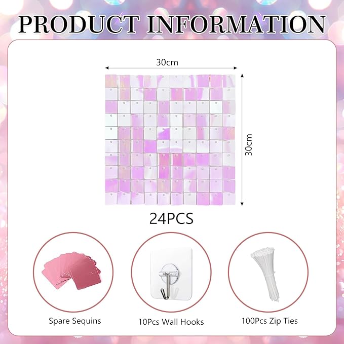 24PCS Colorful Light Pink Shimmer Wall Backdrop, Square Sequin Photo Backdrops Panel, Glitter Wall Background for Birthdays, Weddings, Christmas, Engagements, Disco Bachelorette Party Decor (3FTx4FT)