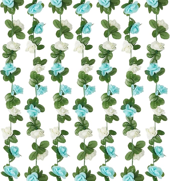 8 Pcs x 8.2 ft Flower Garland Artificial Rose Vine Flowers with Green Leaves Hanging Fake Roses Vine for Room Party Home Wedding Birthday Christmas Wall Arch Decor, White Blue Flower