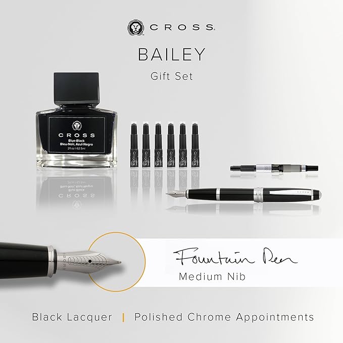 Cross Bailey Refillable Fountain Presented in a Premium Gift Box - Medium Point, Black Ink, Black