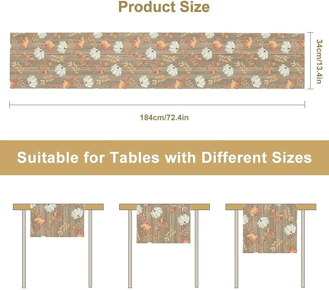 Autumn Table Runner,Pumpkins Maple Leaves Wood Fall r Seasonal Table Runner Kitchen Dining Table Decoration for Home Party Decor 13x120 Inch