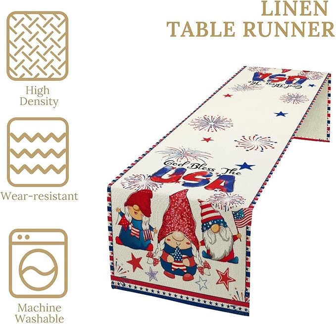 Cute Patriotic Gnomes Table Runner, American Independence Day 4th of July Gnome Blue Red Fireworks Confetti Print Table Runner for Home Kitchen Dining Table Party Decor, 13x70inch