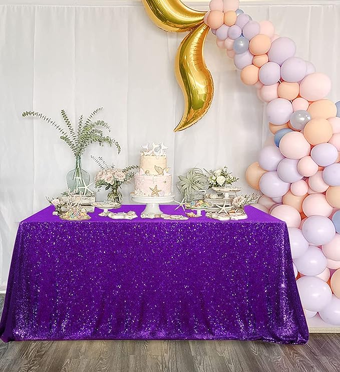 QueenDream Tablecloth 90x156 Rectangle Sequin Tablecloth Purple Wedding Table Linens Glitter Birthday Bridal Party Indoor Outdoor Decorations