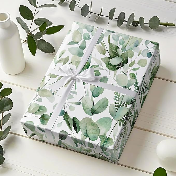 WRAPAHOLIC Eucalyptus Leaves Wrapping Paper Roll - Mini Roll - 17 Inch x 33 Feet - Greenery Wrapping Paper Perfect for Birthday, Wedding, Bridal Shower