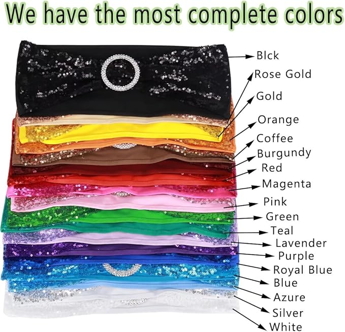 50 Pcs Chair Sashes Sequin Stretch Chair Bands Spandex Polyester Bows for Party Hotel Wedding Banquets Decoration - White
