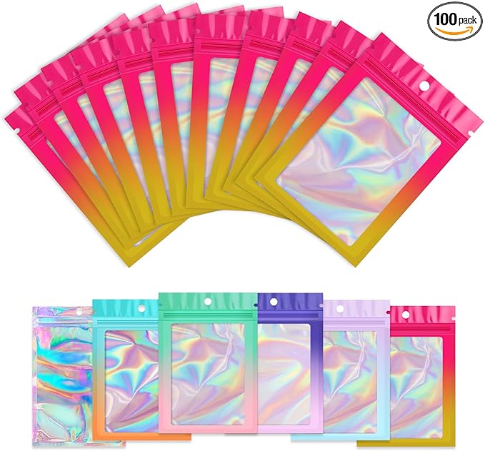 Funfery 100 Pack Gradient Holographic Bags,Mylar Resealable Bag with Zipper,Clear Window Packaging Pouchs,Smell Proof Foil Bag for Food Storage,Sample Jewelry Bags(4.7×7In,Hot Pink Orange)