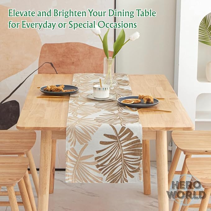 Monstera Leaf Table Runner – Elegant Fabric Table Centerpiece, Machine Washable, Gold or Green, 71"/83"/94" Length, 13" Width (Gold/71)