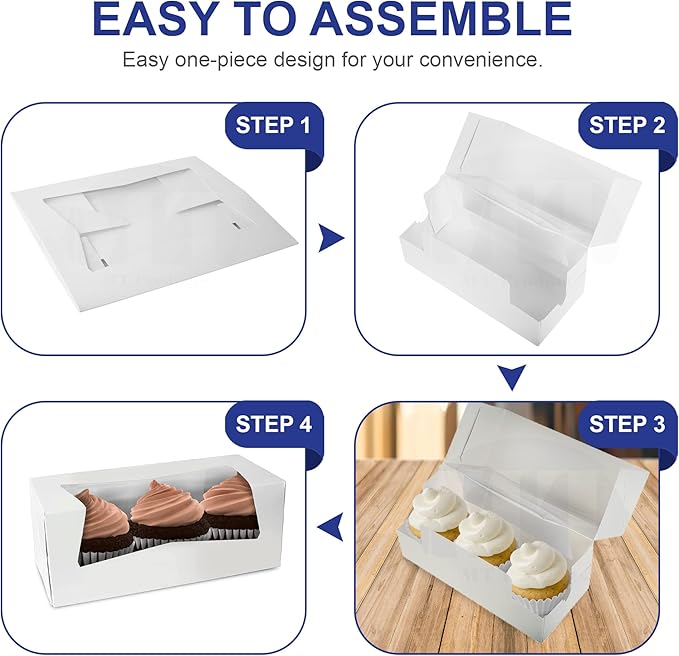 MT Products White Cupcake Boxes 9" x 4" x 3.5" - Bakery Boxes with Window (Pack of 15) - Made in USA