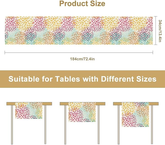 Abstract Flowers Table Runner, Chrysanthemum Dahlia Vintage Modern Colorful Spring Summer Elegant Table Runner for Party Kitchen Dining Living Room Laundry Room Decor, 13x36 Inch