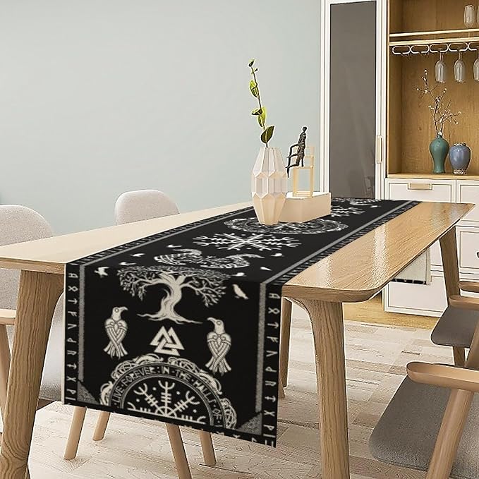 Ancient Abstract Pattern Table Runner, Tree of Life Eagle Dragon Boat Rudder Black and White Table Runner 13x108 Inch