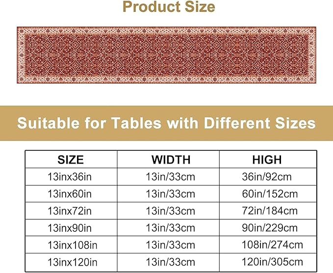 Boho Floral Vintage Table Runner, Red Retro Flower Rustic Country Farmhouse Abstract Pattern for Home Kitchen Table Decor Dining Coffee Room Party Decor 13x90in