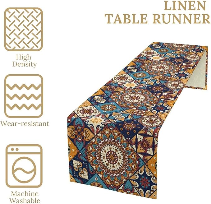 Vintage Mandala Table Runner, Bohemian Brown Blue Tile Traditional Indian Flowers Table Runner for Kitchen Dining Table Office Wedding Party Holiday Home Decor, 13x108inch