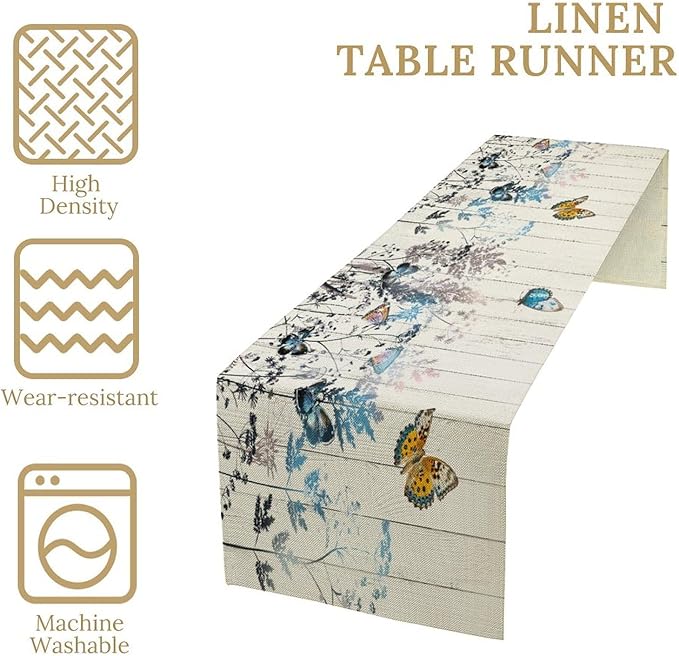 Nature Dandelion Table Runner,Rustic Floral Wood Plank Butterfly Girl Women Pattern Print Burlap Tablecloth for Hotel Indoors Outdoor Dining Room Kitchen Table Decor, 13x80in