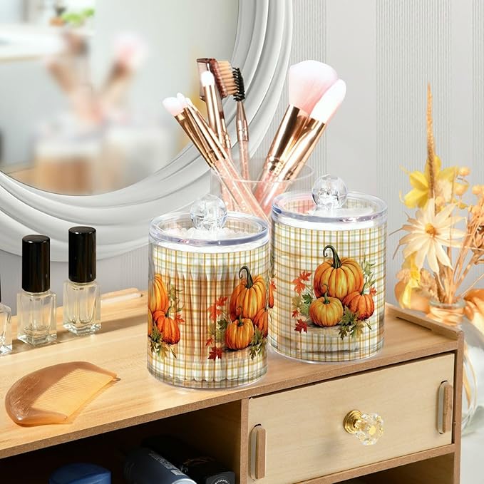 Gredecor 4 Pack Apothecary Jars with Lid Pumpkins Gingham Plaid Qtip Holder Dispenser Storage Containers Clear Plastic Rustic Fall Autumn Thanksgiving Theme Canisters for Bathroom Vanity Organization