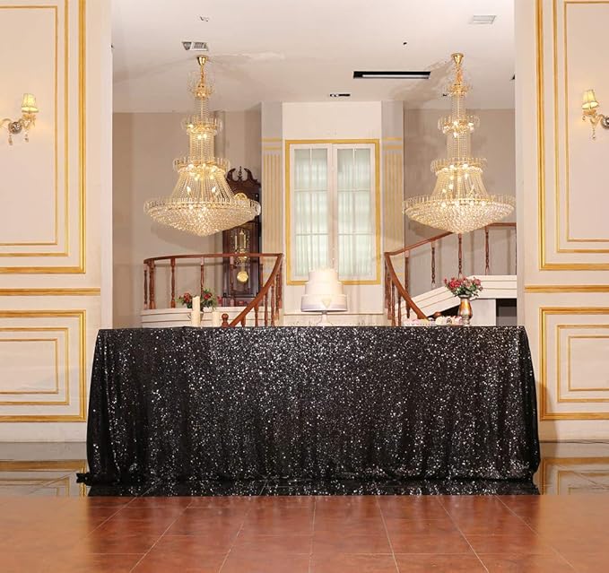 SquarePie Sequin Tablecloth 90 x 132 Inch Black Sparkly Table Linen for Halloween Wedding Party