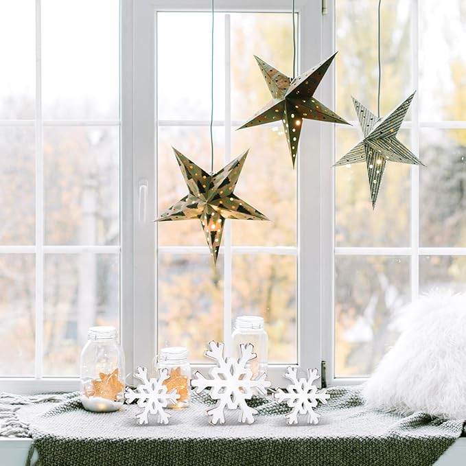 Snowflake Decorations Christmas Decor 6Pcs Winter White Wooden Snowflakes Standing Christmas Tiered Tray Decor Winter Wonderland Decorations for Indoor Home Xmas Table Shelf Fireplace Mantel