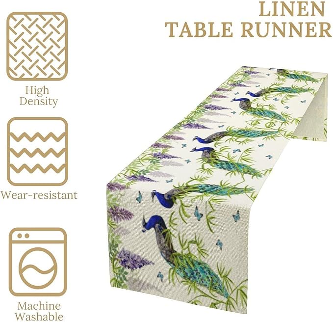Peacock Table Runner,Spring Plant Butterfly Print Seasonal Table Runner for Home Kitchen Dining Party Indoor Outdoor Decoration 13x70 Inch