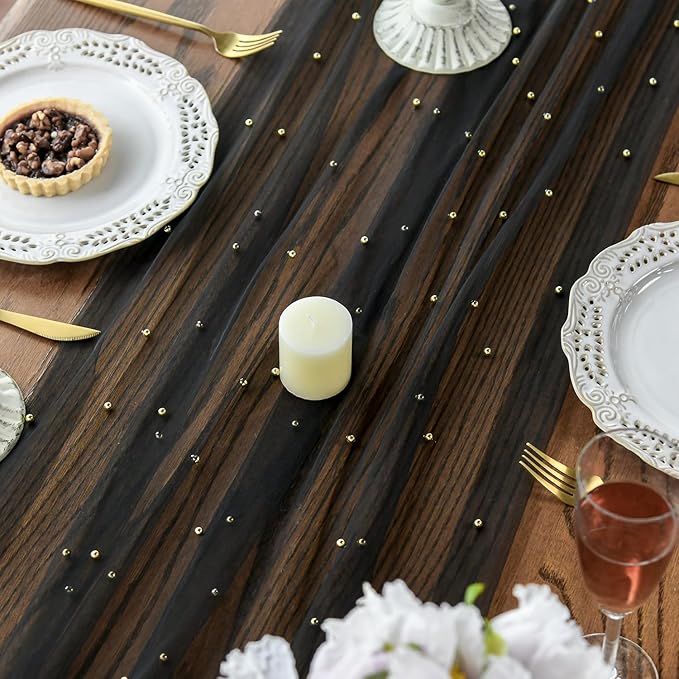 Artoid Mode Pearl Black Gauze Table Runner 120 Inch 10FT, Seasonal Sheer Dining Holiday Wedding Birthday Baby Shower Table Decor for Home Party
