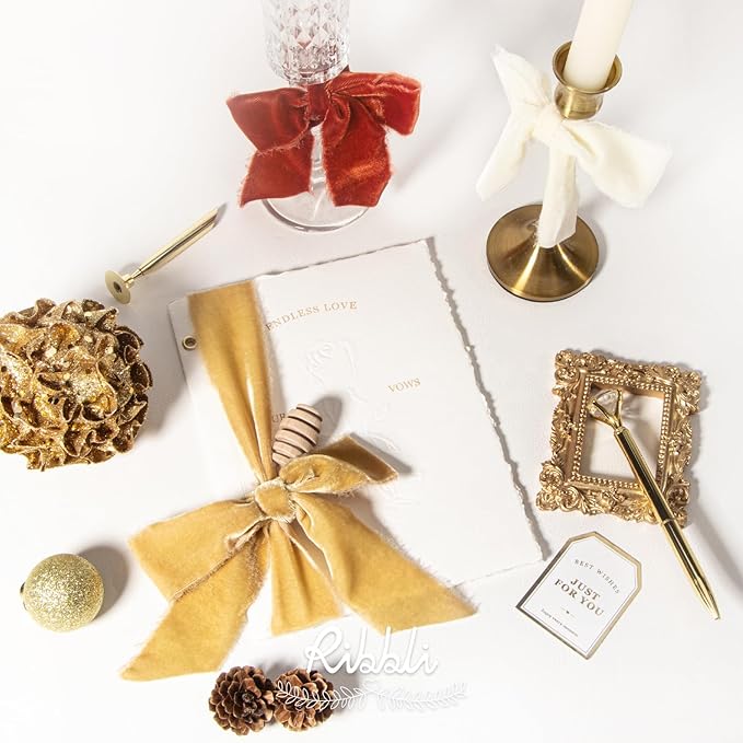 Ribbli Champagne Gold Velvet Ribbon 1.5 Inch Handmade Frayed Vintage Christmas Ribbon for Gift Wrapping Christmas Tree Ornament Wreath Craft Home Decor -Total 3 Yards with Wooden Spool