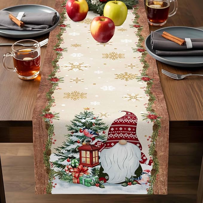 Christmas Gnomes Cotton Linen Table Runner for Dining Kitchen, Xmas Pine Tree Snowflake Rustic Wedding Outdoor Party Tablerunners Decoration, Retro Wood Dresser Scarf Tablecloth Runners 13x72 Inches