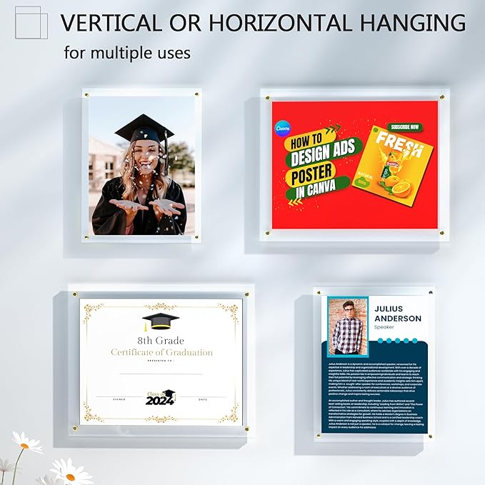Acrylic Picture Frame for Wall, Clear Diploma Frame, No Drill Floating Frameless Photo Frame for Diploma Certificate Degree Document & Artworks Display, Graduation Gift for Students (2 Pack, 11X14 Straight edge)