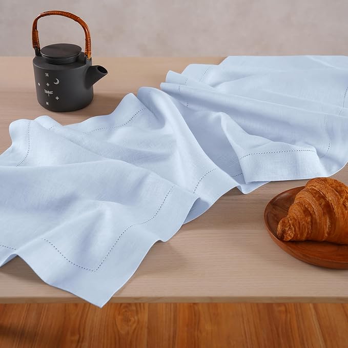 Light Blue Table Runner 36 inches – 100% Pure Linen Hemstitch Coffee Table Runner 14 x 36 Inch Ideal for Dresser and Coffee Tables – Elara, Spring, Summer, Wedding Decorations, Gift