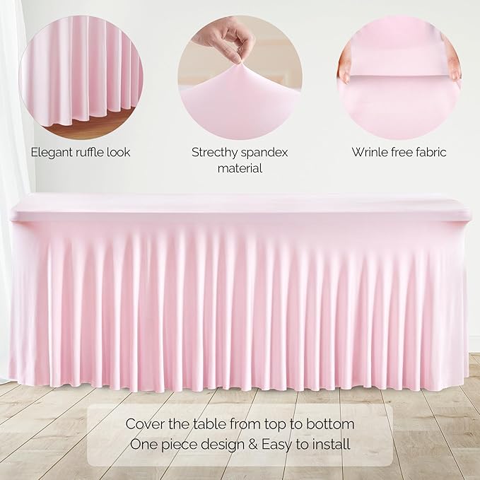 Wish Care 6 Pack Pink Spandex Table Clothes for 8 Foot Rectangle Tables, 8FT Wrinkle Free Fitted Tablecloths Ruffles Design Table Cover for Party, Banquet, Wedding and Events