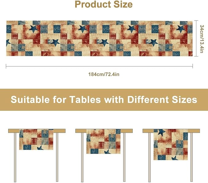4th of July Table Runner, Rustic Vintage Country Red White Blue American Stars Independence Day Print Table Cover for Farmhouse Kitchen Dining Table Decor, 13x70inch