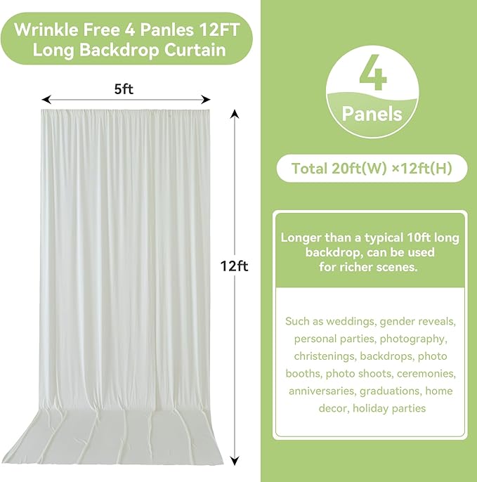 leegleri 20ftx12ft Wrinkle Free Ivory Backdrop Curtain, 4 Panels 12FT Height Ivory Wedding Backdrop Drapes, Silky Polyester Back Drop Cloth for Birthday Photography Background Party Backdrop Draping