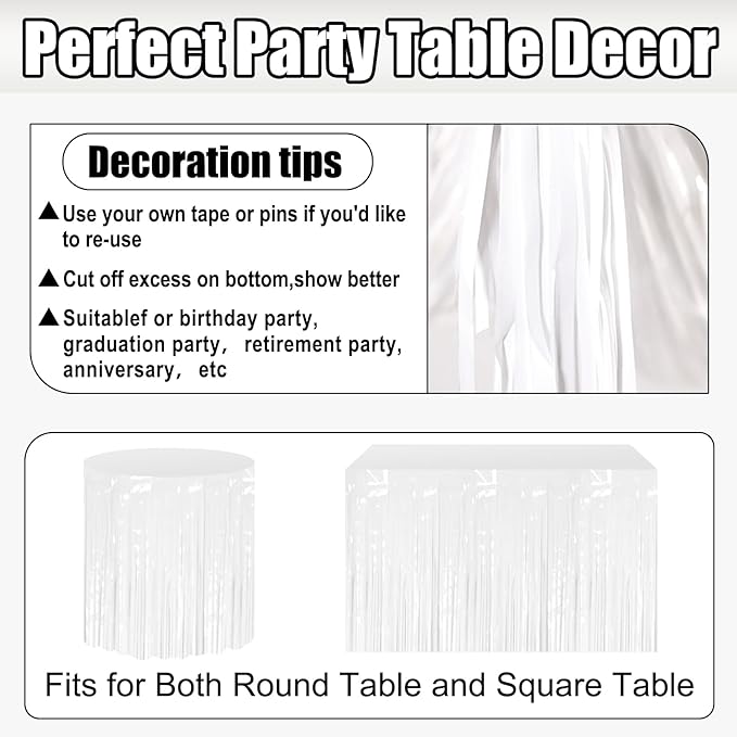 3 Pack 29x108 Inch Macaron White Foil Fringe Table Skirts Metallic Banner for Tinsel Streamer Garland Backdrop for Parade Floats Wedding Thanksgiving Birthday Christmas Halloween Party Decoration