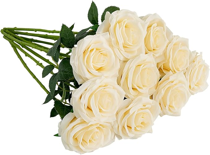 Artificial Rose 10pcs Open Flower Bouquet Faux Rose Stems for Wedding Arrangement, Bridal Bouquet, Centerpiece, Fake Faux Silk Flowers (Ivory)