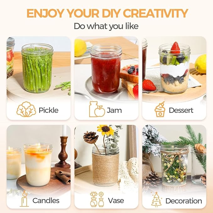 ComSaf Small Mason Jars 8 oz, 24Pcs Regular Mouth Canning Jars, 8 ounce Glass Jar with Lid for Jams, Sauces, Jellies, Spices, Self-Made Gift, DIY Candles Decor, Wedding & Baby Shower Favors