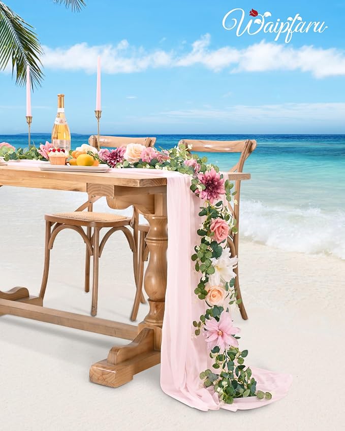 Waipfaru Flower Garland Decorations, 6.07Ft Pink Floral Rose Garland, Artificial Eucalyptus Greenery Vines with Flowers for Wedding Table Runner Centerpieces Backdrop Room Decor (Pink)