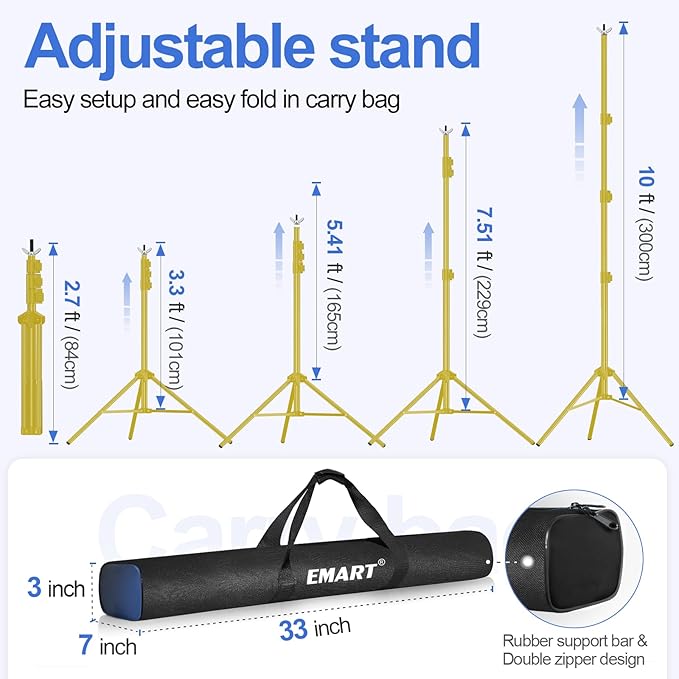 EMART Backdrop Stand 10x10ft(WxH) Photo Studio Adjustable Background Stand Support kit with 2 Crossbars, 8 Clamps, 2 Sandbags and Carry Bag for Parties, Events Decoration, Wedding -Titanium Gold