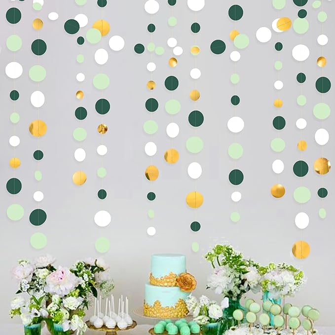 46 Ft Sage Green Gold Party Decorations Polka Dots Garlands Hanging Paper Circle Dots Streamer for Safari Wild Woodland Jungle Theme Birthday Baby Shower Graduation Wedding Party Decorations Supplies