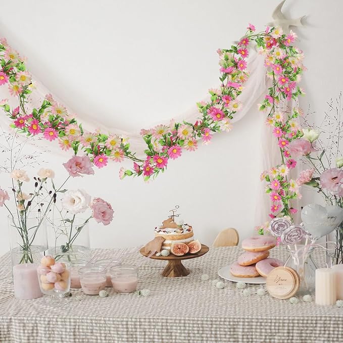2 Pack Pink Flower Garland Daisy Flowers Silk Artificial Wildflower 13ft Wedding Floral Garland Fake Hanging Vines for Party Decoration Wall Backdrop Table Runner Indoor Outdoor Decor Multicolored
