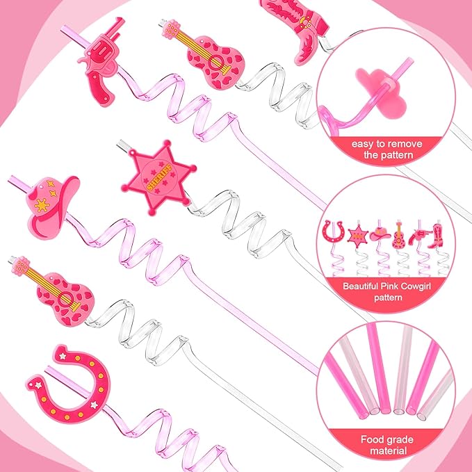 Yungyan 24 Sets Pink Cowgirl Party Favors Goodie Cups with Lids and Straws for Halloween Party Decorations Reusable 16oz Plastic Candy Cups Plastic Straws for Birthday Gift(Pink Cowgirl)
