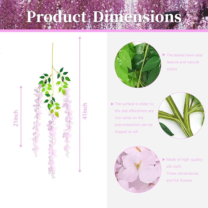 36 Pack Pink Wisteria Hanging Flowers, 3.44 Ft Fake Hanging Flowers, Artificial Wisteria Garland Vines for Wedding Room Backdrop Outdoor Patio Garden Decoration