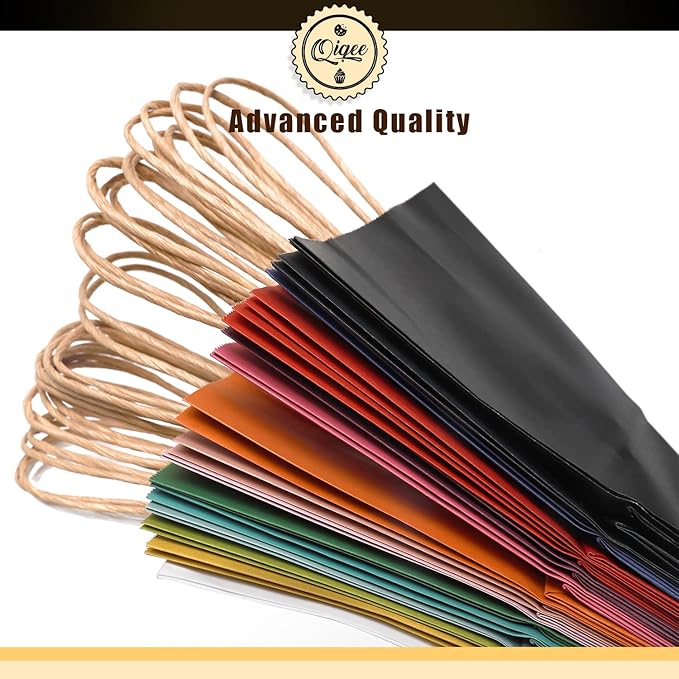 qiqee 100Pcs Medium Size Paper Gift Bags with Handles - 11"x8.3"x4.3" Kraft Small Party Bags - 16 Solid Colors
