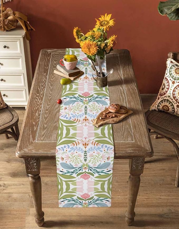 Green Blue Pink Boho Floral Cotton Linen Table Runner for Dining Kitchen, Wedding Outdoor Party Tablerunners Decoration, Retro Bohemian Botanical Dresser Scarf Coffee Tablecloth Runners 13x120 Inches
