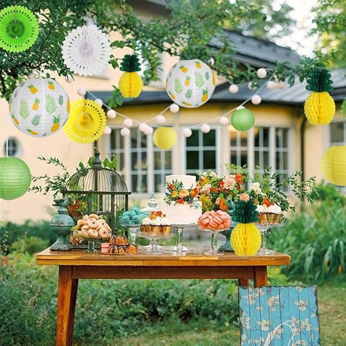 Pineapple Party Decorations Hanging Paper Lanterns Pineapple Honeycomb Tissue Paper Fans for Hawaiian Tropical Birthday Luau Party Decorations Summer Decor (Yellow)