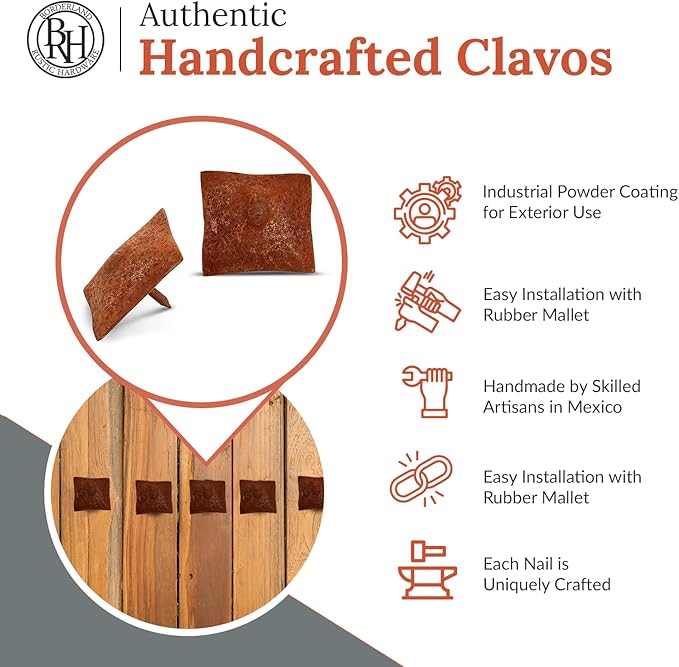 50 Pack 1.5" Square Head Iron Clavos Decorative Nails – Rusted – Handmade Rustic Square Fasteners for Farmhouse Shutters, Faux Wood Beams, Barn Doors, Shutters, and Gates – Ornamental Wood Accent
