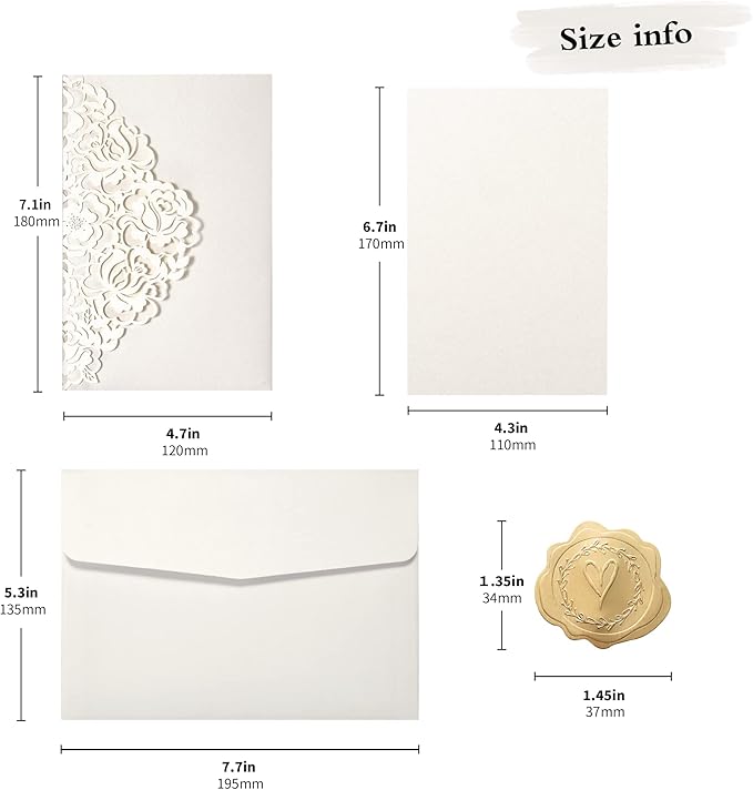 DORIS HOME 50pcs Laser Cut Quinceanera Invitations Green and Ivory White, 4.7x7.1 Blank Quince Invitations for 15th Birthday, Invitation cards for Sweet 16 with Envelopes