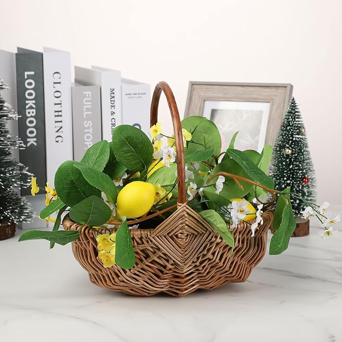 DULRLLY Handwoven Flower Basket with Handle, Willow Storage Basket Empty Wicker Picnic Basket with Plastic Insert, Easter Basket Wedding Flower Girl Baskets for Home Party Decor