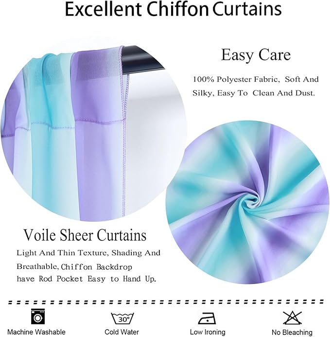DUOBAO 2-Pack Mermaid-Inspired Chiffon Curtain Panels - Long Ombre Aqua Turquoise Teal Lilac Purple Sheer Voile for Girls' Bedroom & Living Room Windows, Each 58"" W x 120"" L