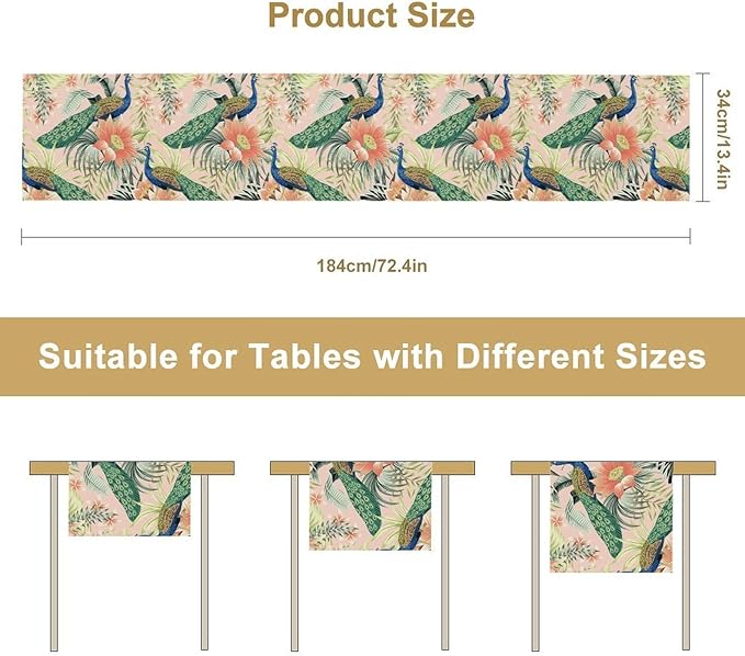 Peacock Table Runner,Pink Flower Peacock Birds Table Runner for Home Kitchen Dining Party Indoor Outdoor Decoration 13x60 Inch